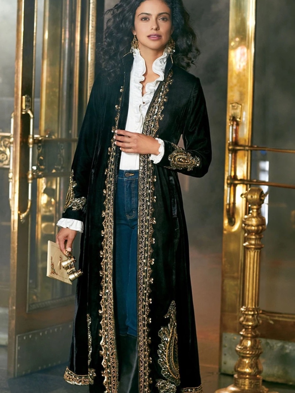 Soft Surroundings Elegant Black Velvet Long Coat with Gold Trim NWT